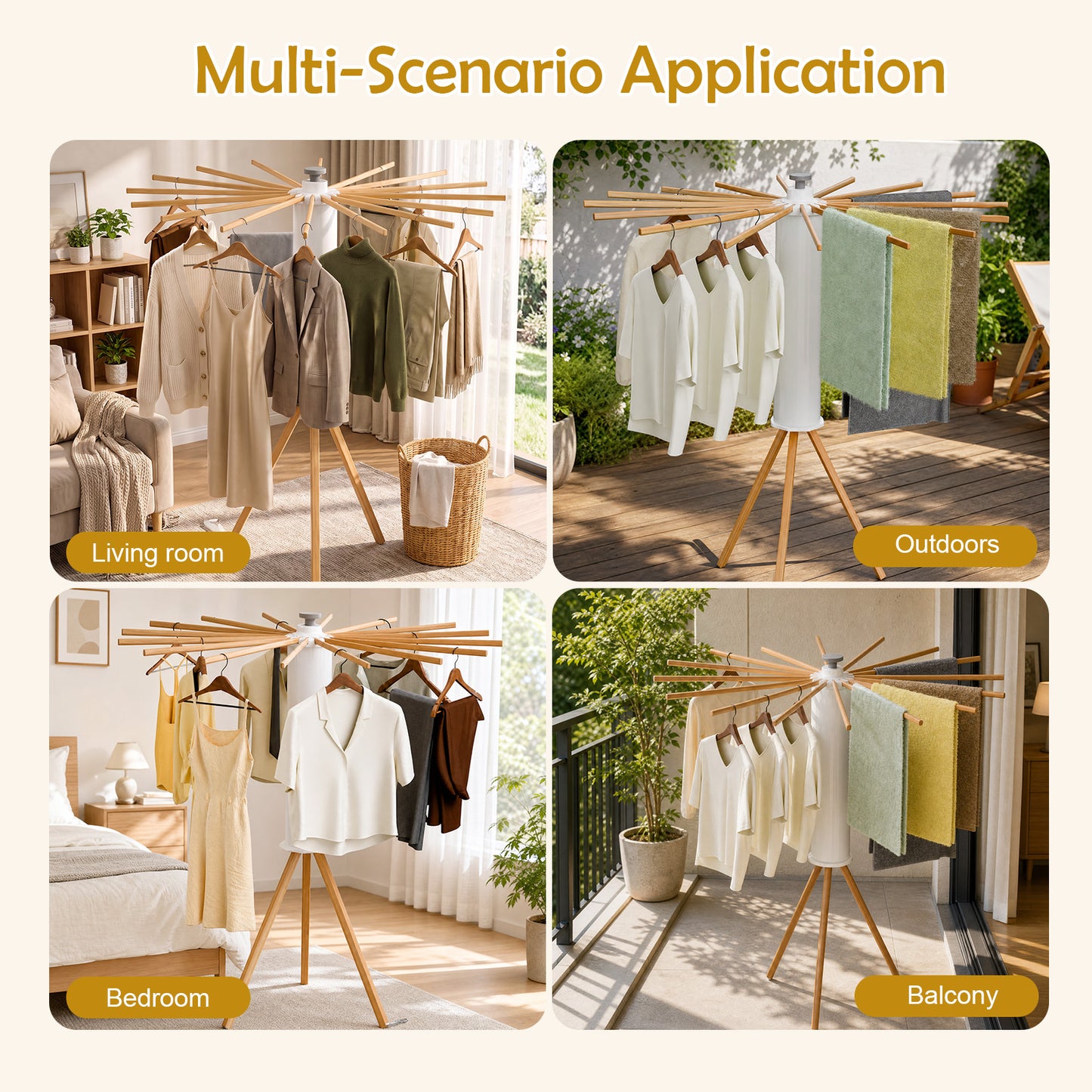 Clothes Drying Rack, Standing Tripod Laundry Drying Rack, Floor Standing Garment Clothes Dryer, Foldable Drying Racks for Laundry, White