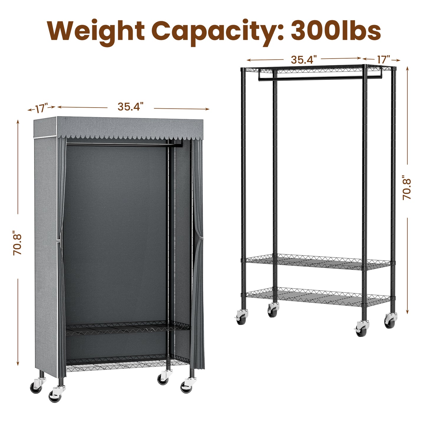 Clothes Rack 300 lbs Rolling Heavy Duty Clothing Rack with Gray Dust Cover, Freestanding Garment Rack with 2-Tier Storage Shelf Wheels Hanging Rod Cover, 35.4"x17"x72.4"