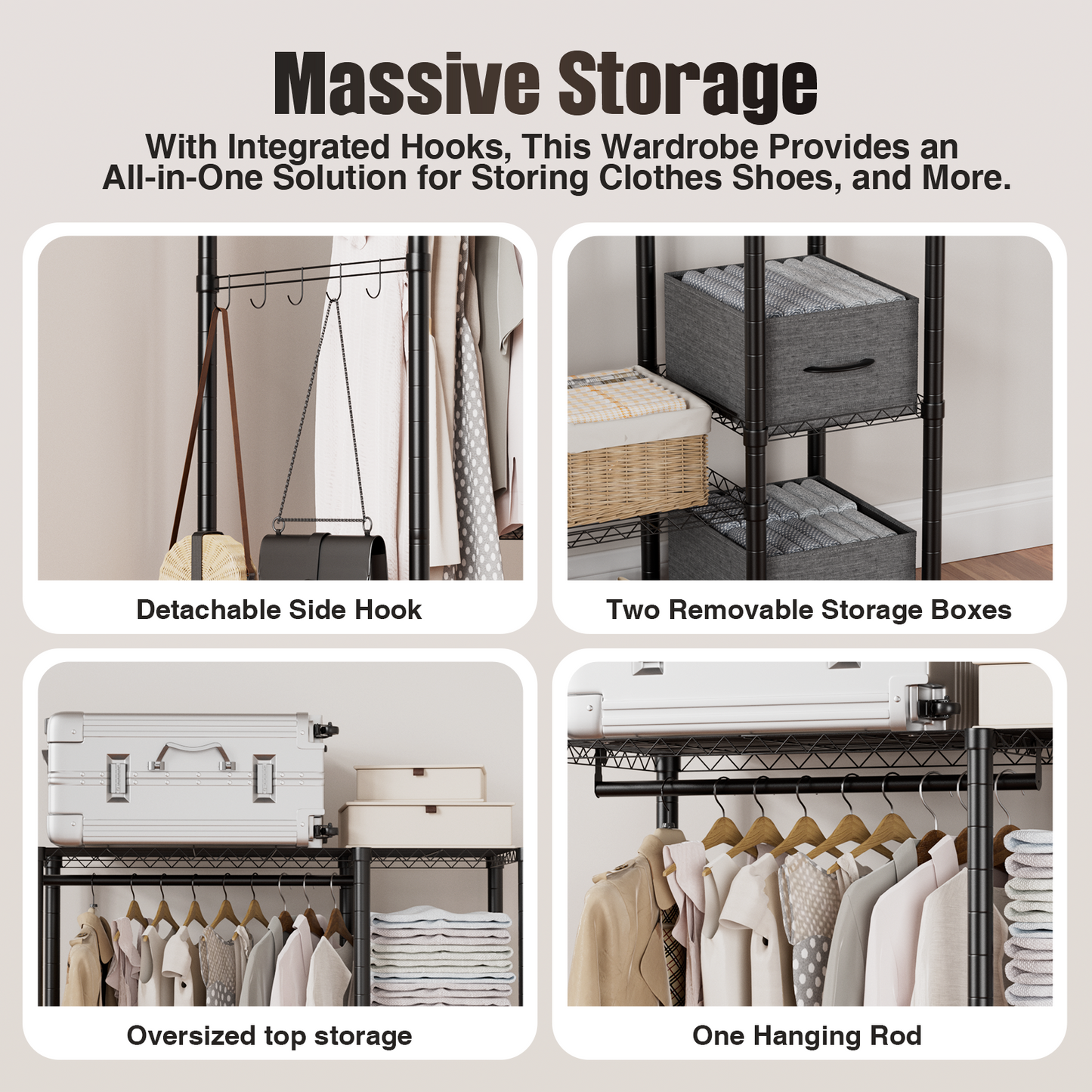 Freestanding Wire Garment Rack, Max Load 510LBS, 6 Tiers Adjustable Heavy Duty Clothes Rack with 2 Fabric Drawers, Portable Clothing Storage Rack for Hanging Clothes, Black