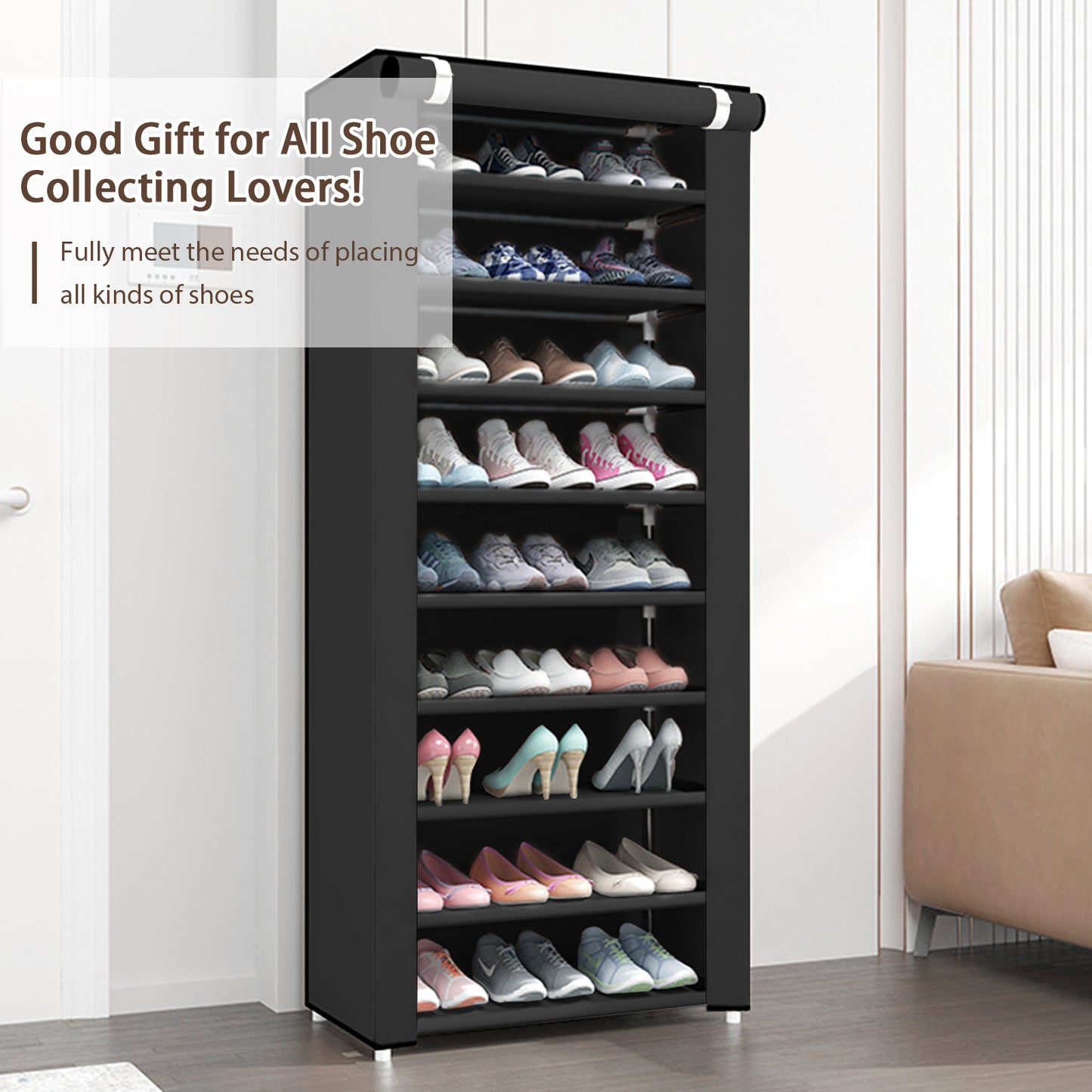 BAOKALER Portable Shoe Rack, 10-Tier 27 Paris Shoe Storage Cabinet with Cover, Non-Woven Fabric Shoe Storage Organizer 62.99*23.62*15.7 inch, Black
