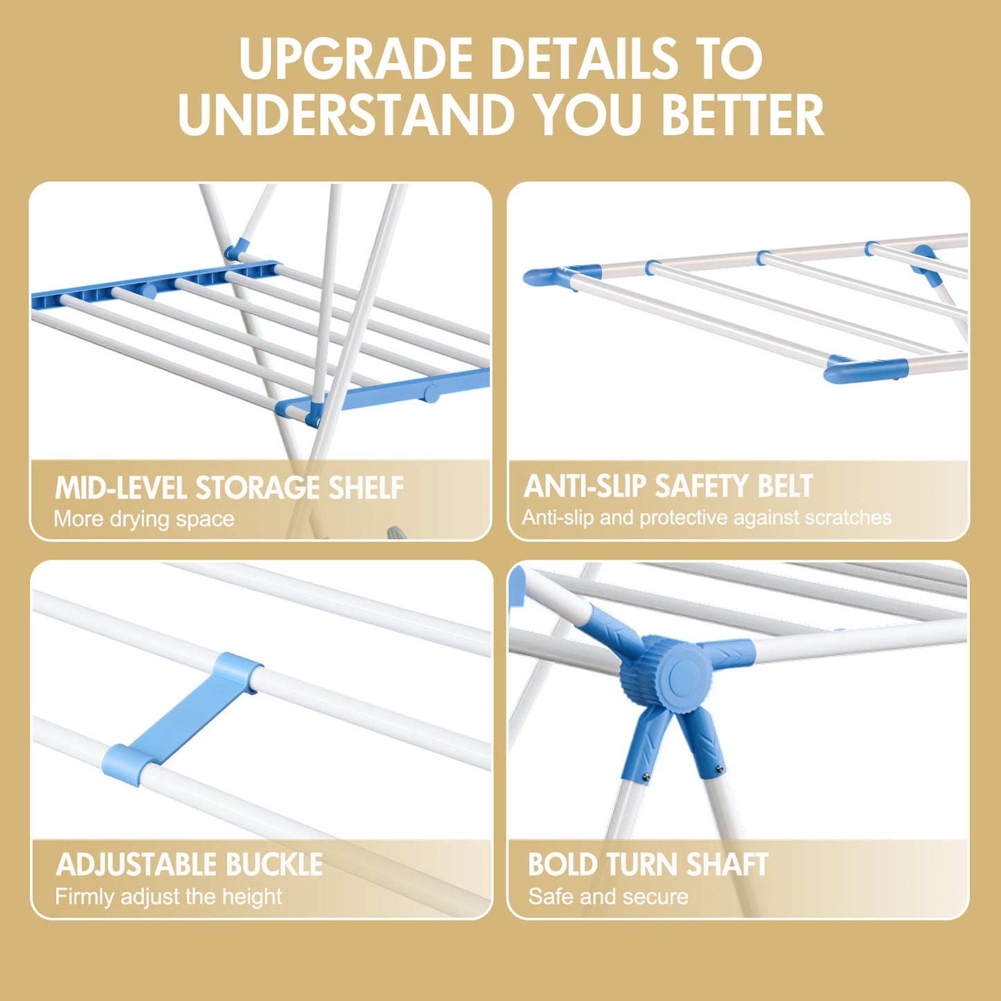 Portable 2-Layer Wing-Style Foldable Clothes Rack with Adjustable Height Wings, Suitable for Indoor/Outdoor Use, Blue