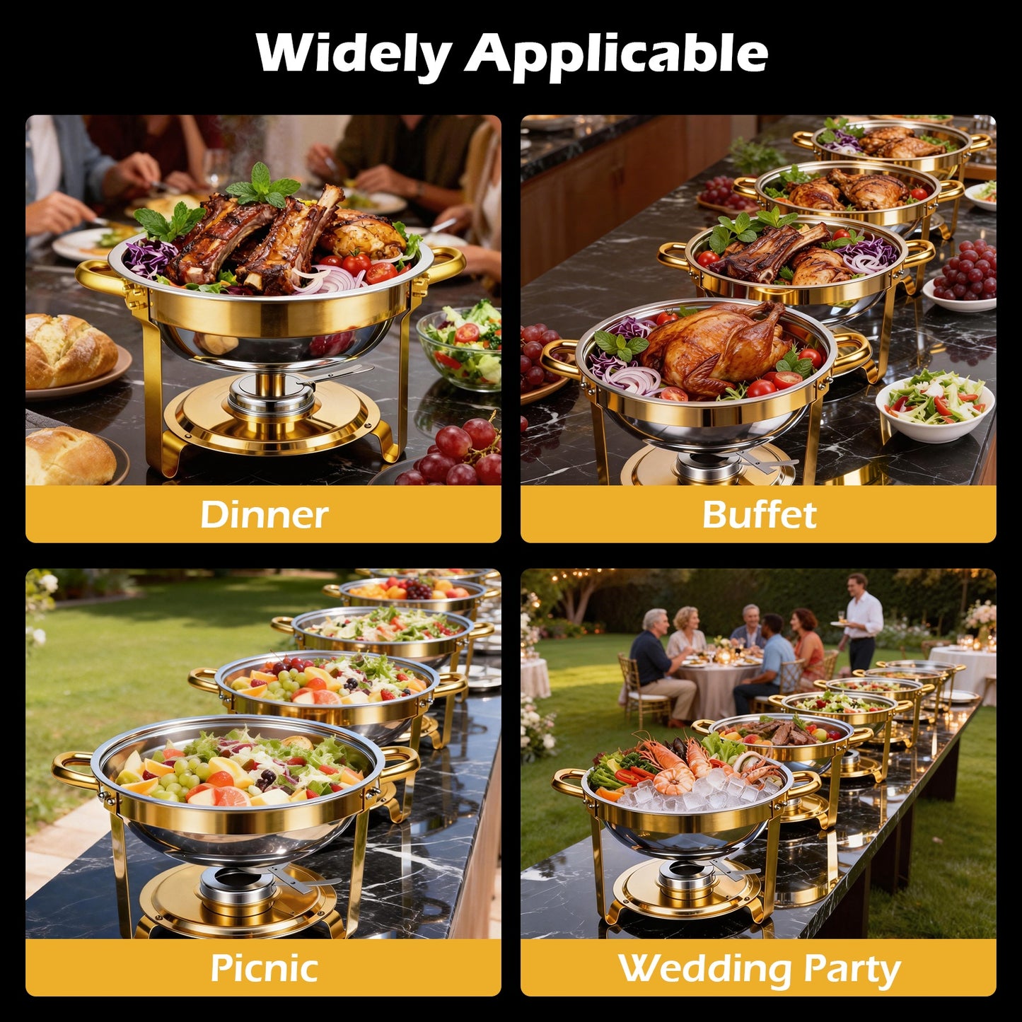 Round Half-Gold Plated Stainless Steel Chafing Dish with Stainless Steel Lid, Buffet Warmer Set, 4-Pack, for Home Gatherings, Christmas Parties, Catering Events