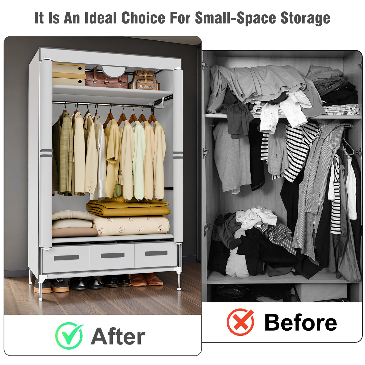 Portable Closet Wardrobe with 3 Storage Drawersfor Home Bedroom, 67 Inches Tall Closet Organizer with Hanging Space for Coats and Bags, turdy & Easy to Assemble, Off-White
