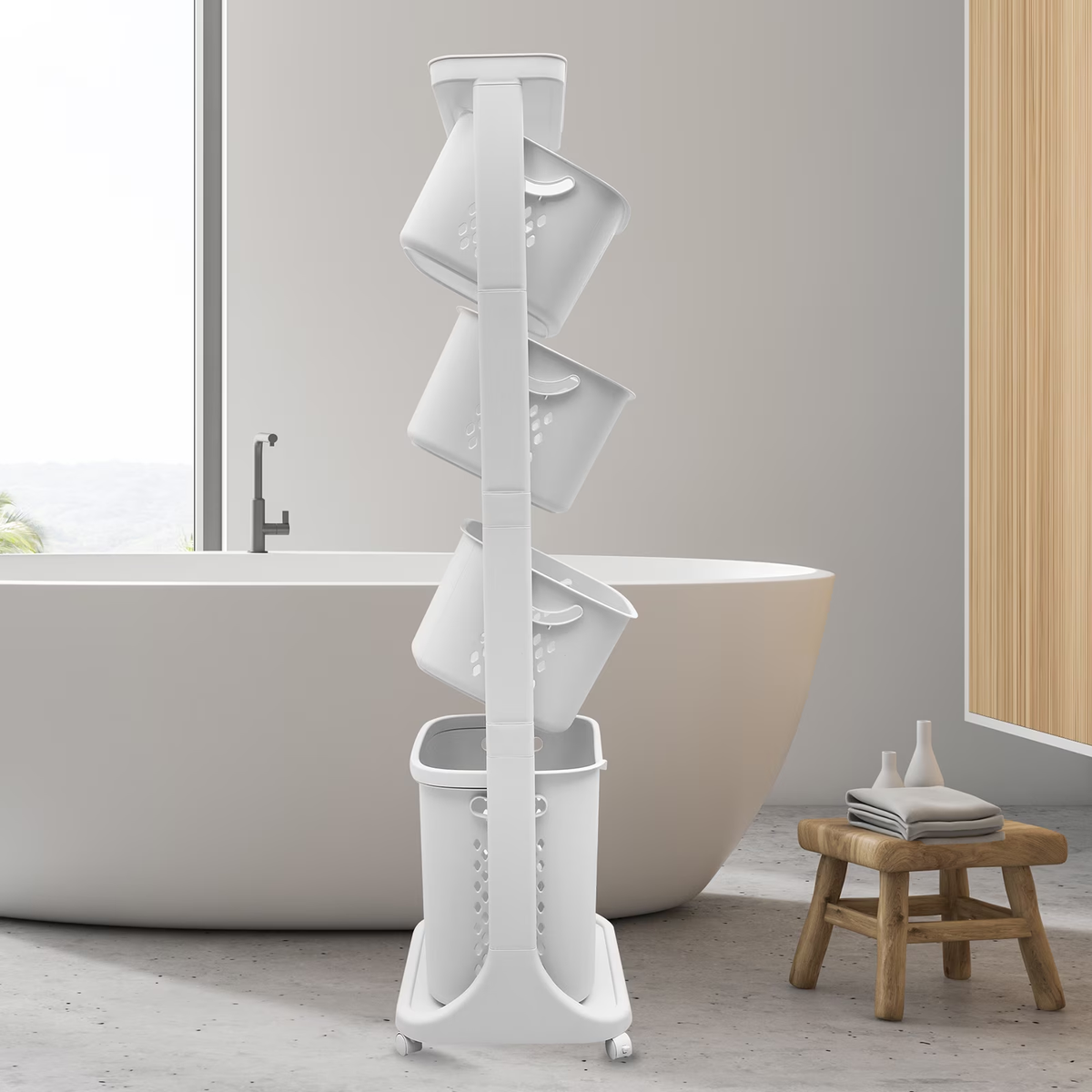 BAOKALER Wheeled 4-Bins Laundry Cart, White