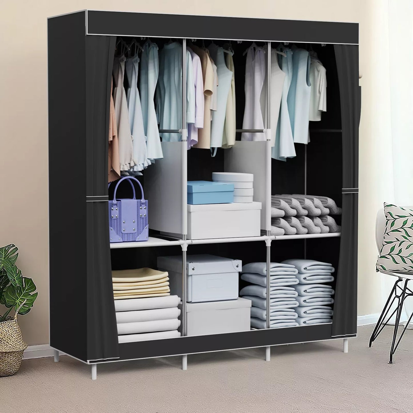 Portable Closet, Clothing Rack Shelf, Dustproof Non-woven Fabric Closet, Black