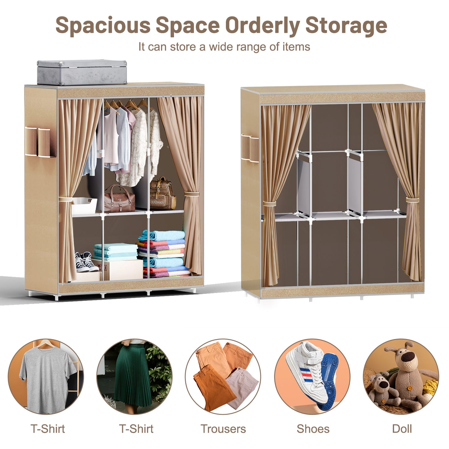 Portable Closet, Clothing Rack Shelf, Dustproof Non-Woven Fabric Closet with Cover, Beige