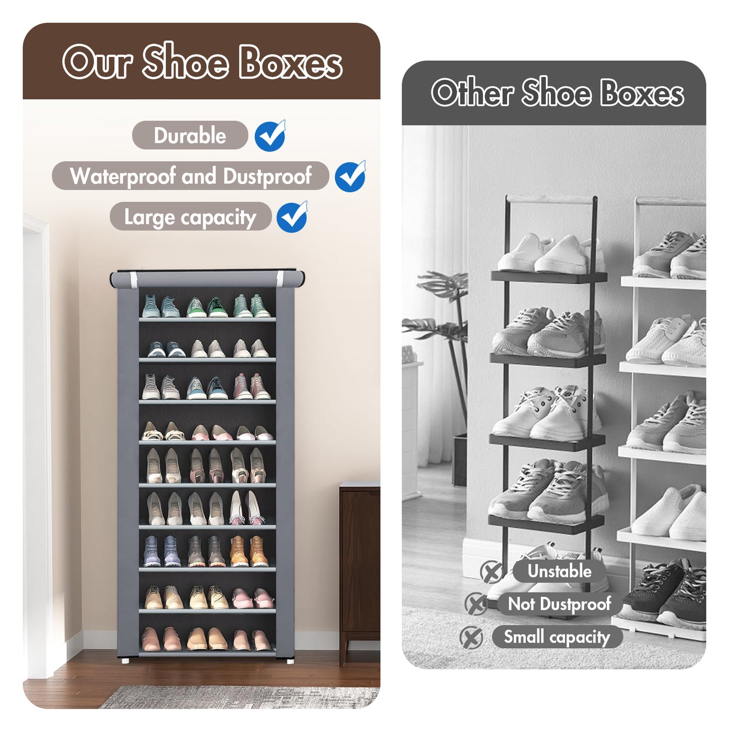 Portable Shoe Rack, 10-Tier 27 Paris Shoe Storage Cabinet with Cover, Non-Woven Fabric Shoe Storage Organizer, 9 Lattices Shoe Cabinet Tower Shelf Closet Silver Gray