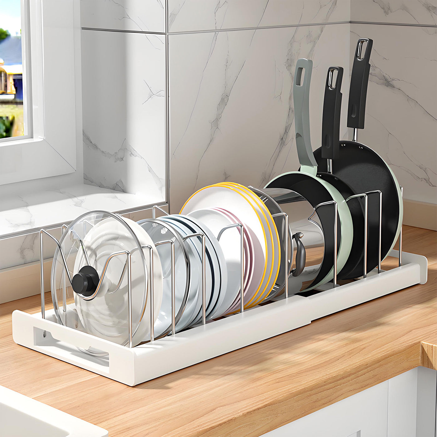 Expandable Pan Organizer with 12 Adjustable Shelves, Multifunctional Pots and Pans Organizer Rack for Kitchen Cabinets, Stainless Steel Pan Rack Lid Holder, White