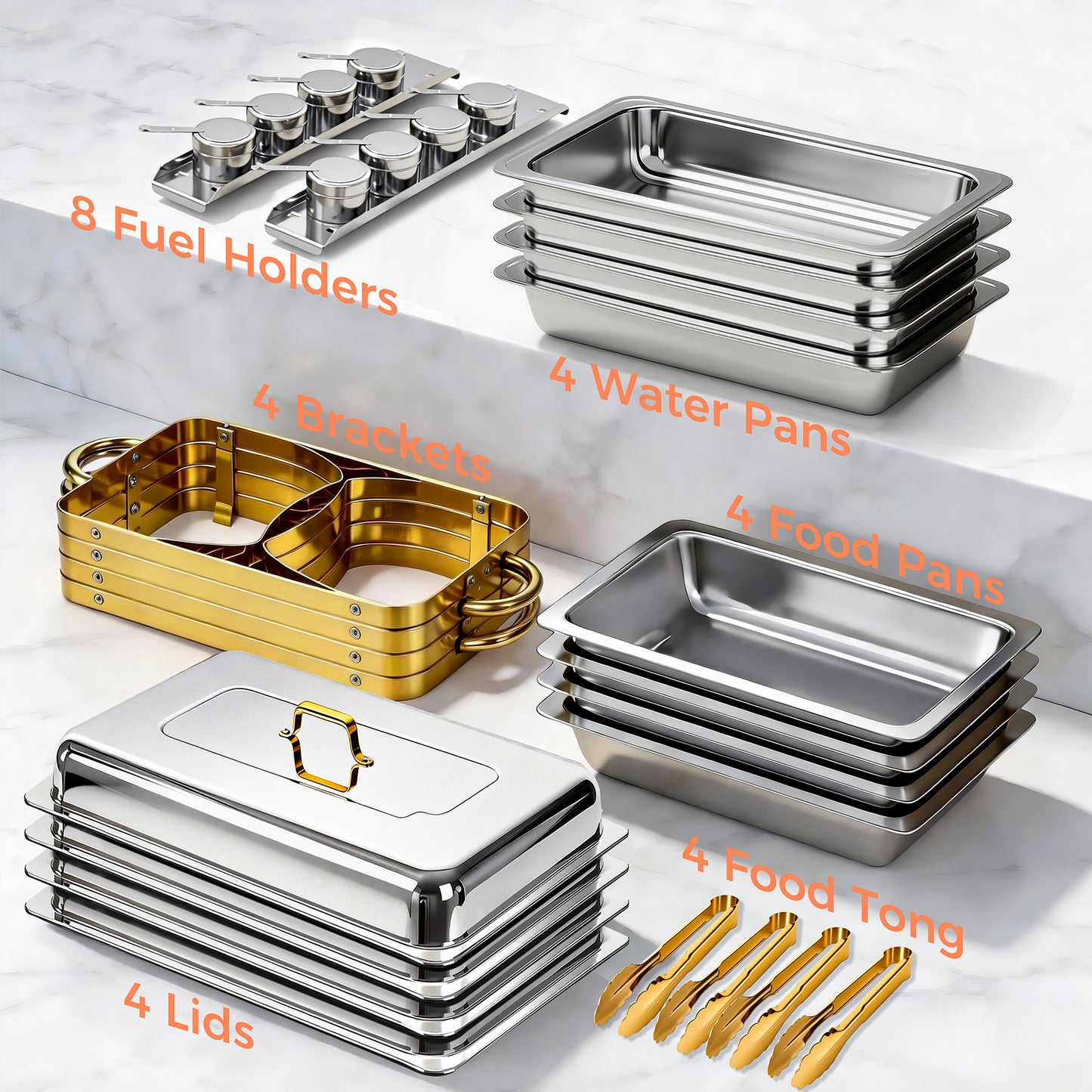 Chafing Dish Buffet Set 4 Pack, 9 QT Rectangular Semi-Gold-Plated Stainless Steel Chafing Dish Set, Buffet Warmer for Hotel Catering, Parties, Weddings, Gold