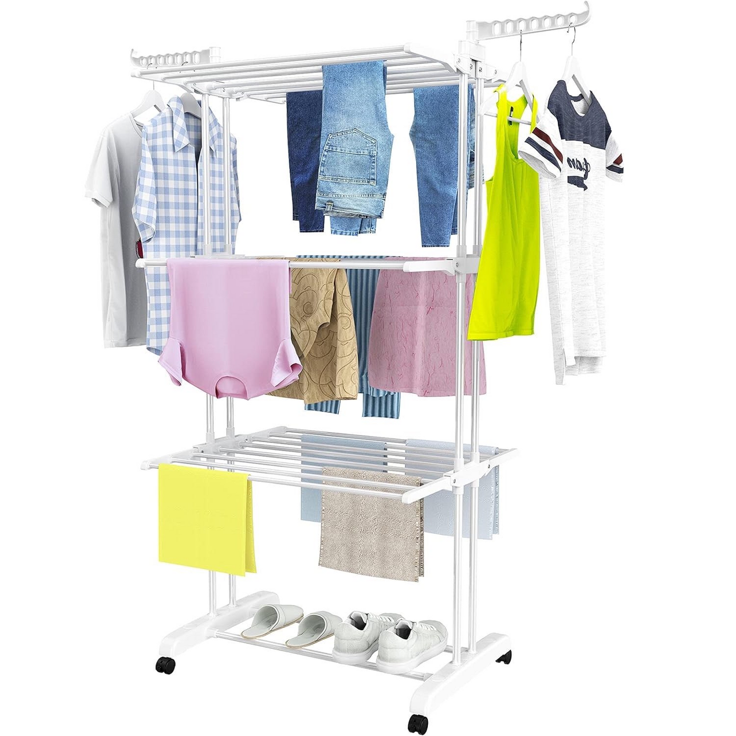 Clothes Drying Rack, 4-Tier Foldable Laundry Drying Rack, Stainless Steel Garment Clothes Dryer Indoor or Outdoor Standing Clothing Rack with Wheels, White