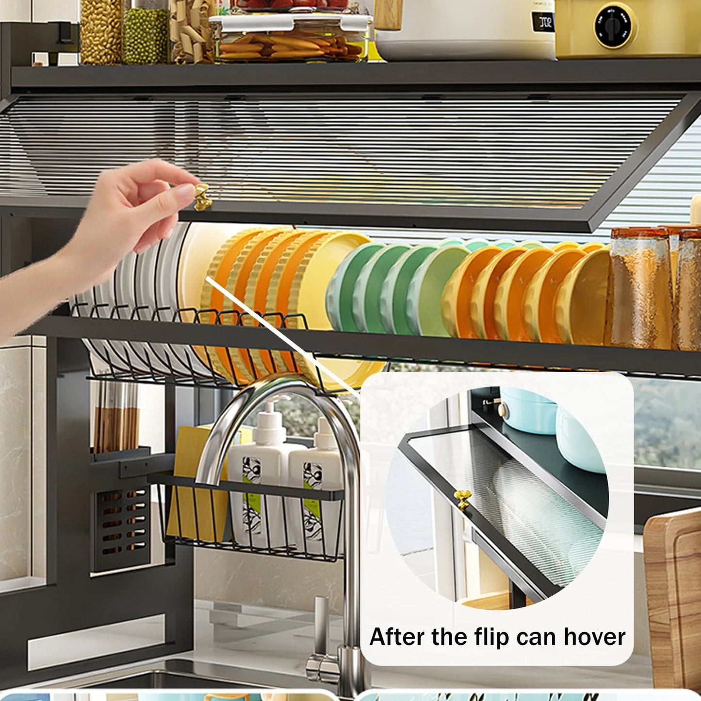 Overthe Sink Dish Rack, Over the Sink Drying Rack with Cover, Dish Drying Rack Over Sink for Bowls and Cutlery, Dish Holder Organizer for Kitchen Counter Storage