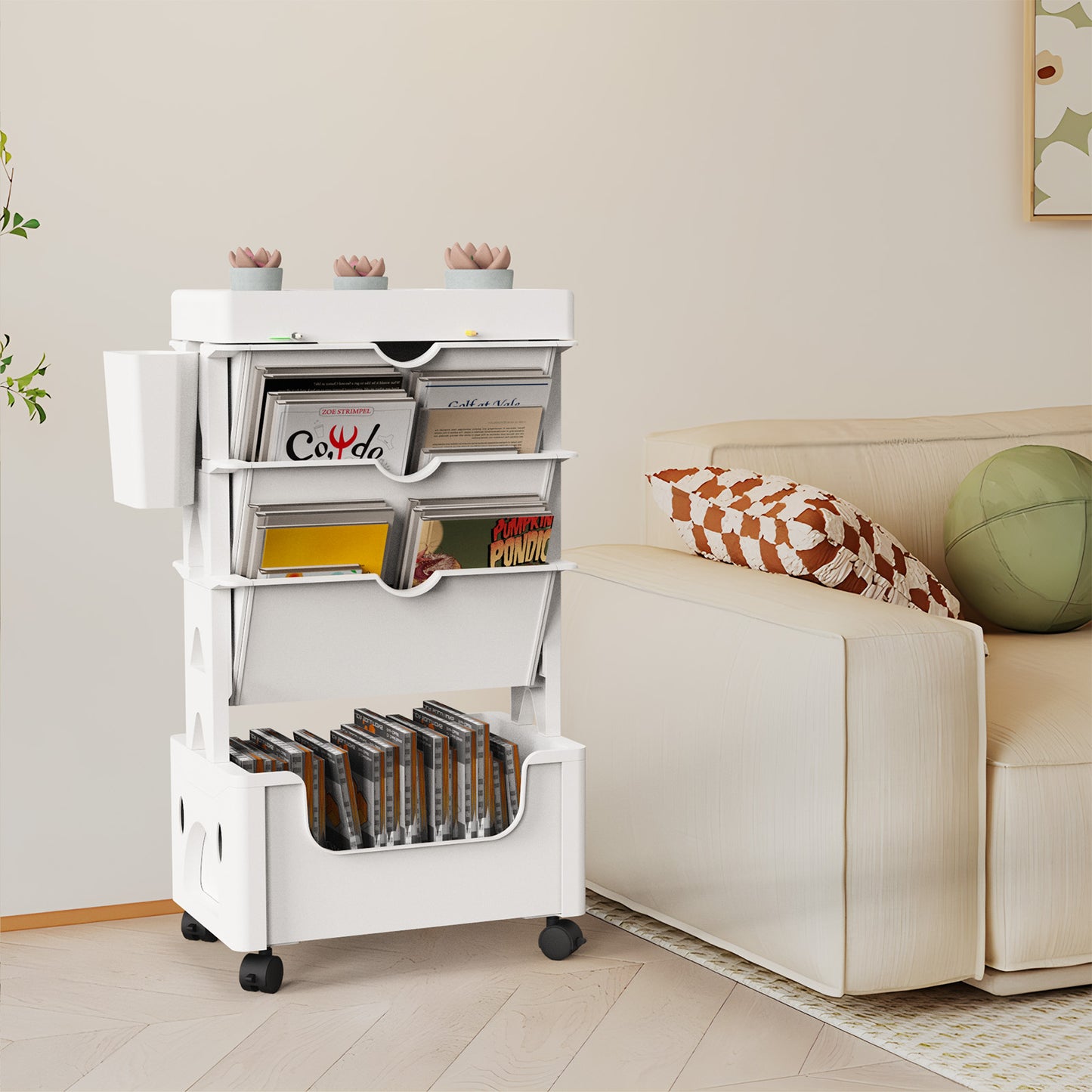 CATGOOD Movable Book Rack with Pen Holder, 5-Tier Storage Bookcase Organizer Mobile Bookshelf Cart with Wheels, Mobile Utility Cart Storage, for Living Room Classroom Office, White