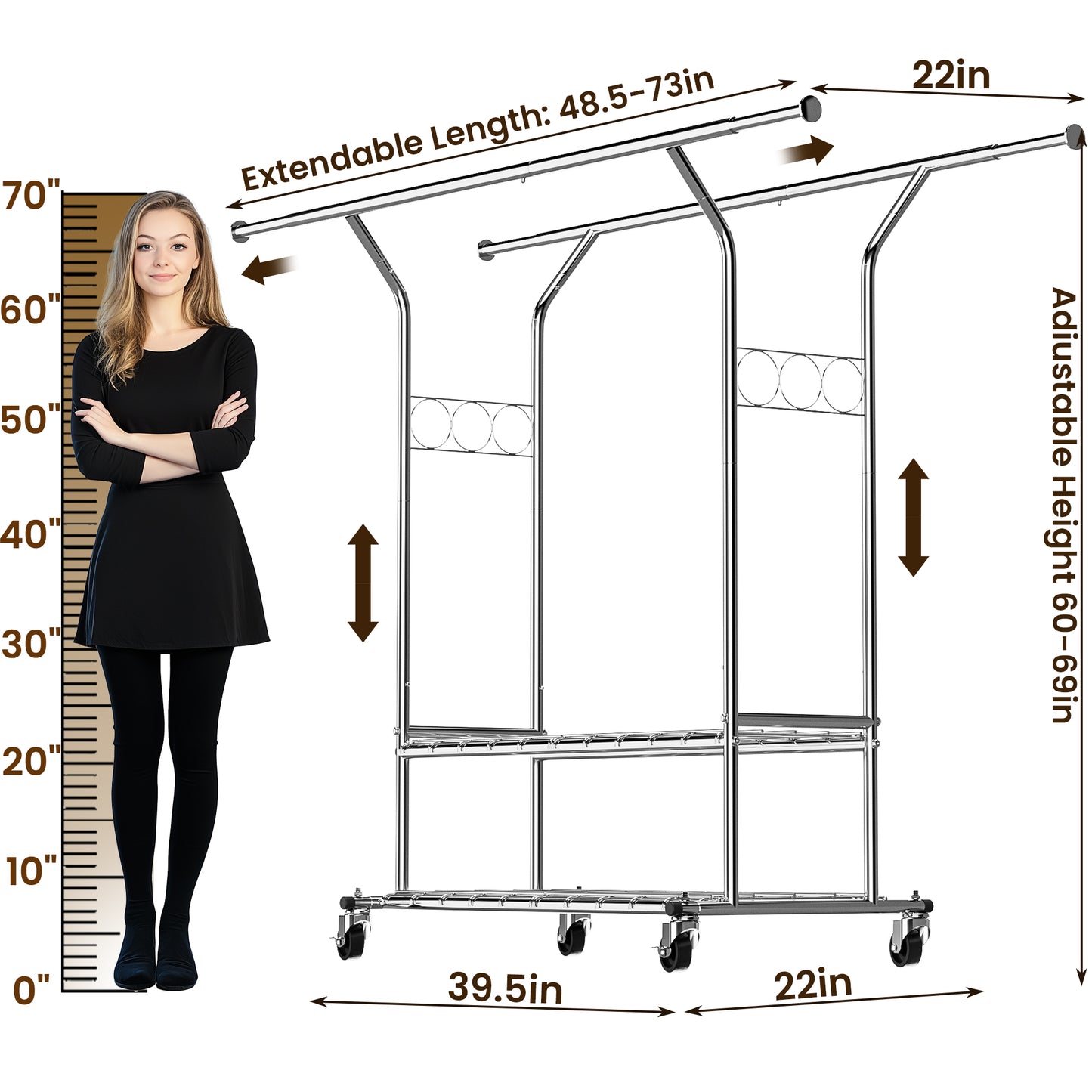 Clothing Rack for Hanging Clothes MAX Loads 620 LBS, Rolling Heavy Duty Clothes Rack With Shelves, Double Rod Clothing Racks Freestanding, Portable Adjustable Garment Rack with Wheels