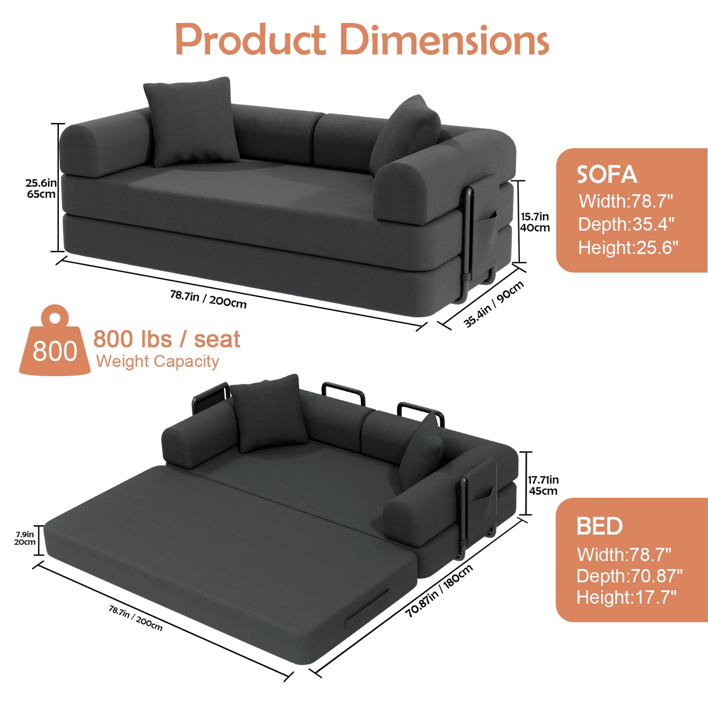 CATGOOD Sectional Couch for Living Room, Convertible Sofa Bed with Soft Corduroy, 78 Inch Modular Futon Couch Free Assembly, Gray