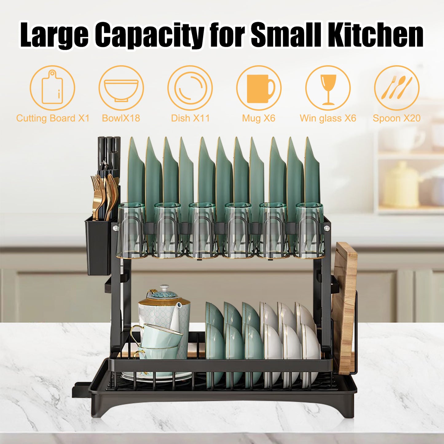 Over The Sink Dish Drying Rack with Drainage, Stainless Steel Large Multifunctional Dish Racks, Rustproof Dish Rack for Kitchen Counter Organization 2 Tier Black