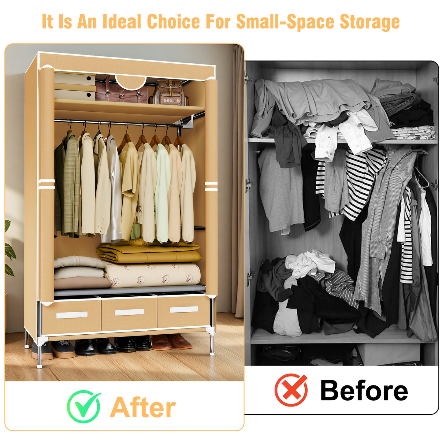 Non-Woven Fabric Closet Organizer for Coats and Bags, Portable Wardrobe Closet Includes 3 Storage Drawers for Home Bedroom, Sturdy & Easy to Assemble, Light Coffee