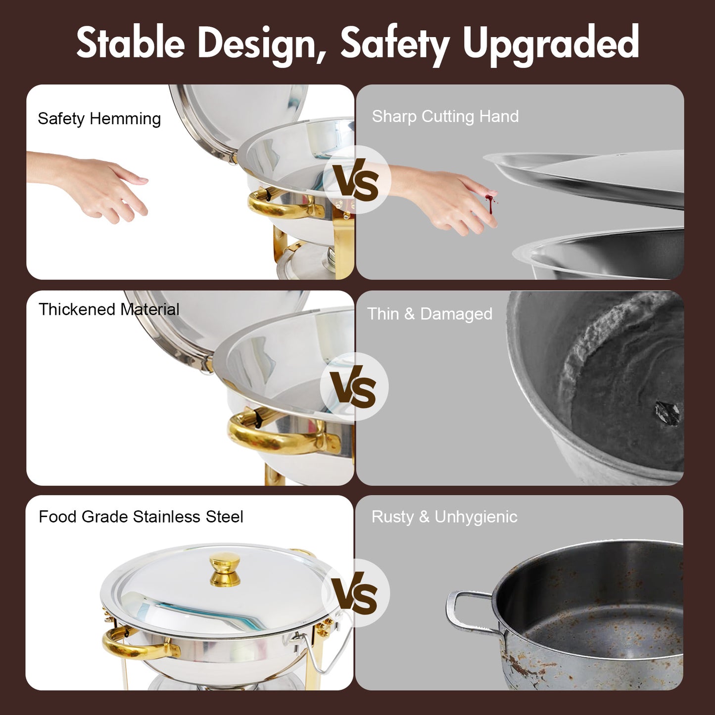 CATGOOD Chafing Dish Buffet Set 4 Pack 5QT Round Half-Gold Plated Stainless Steel Chafing Dish with Stainless Steel Lid, Buffet Warmer Set, for Home Gatherings, Christmas Parties, Catering Events