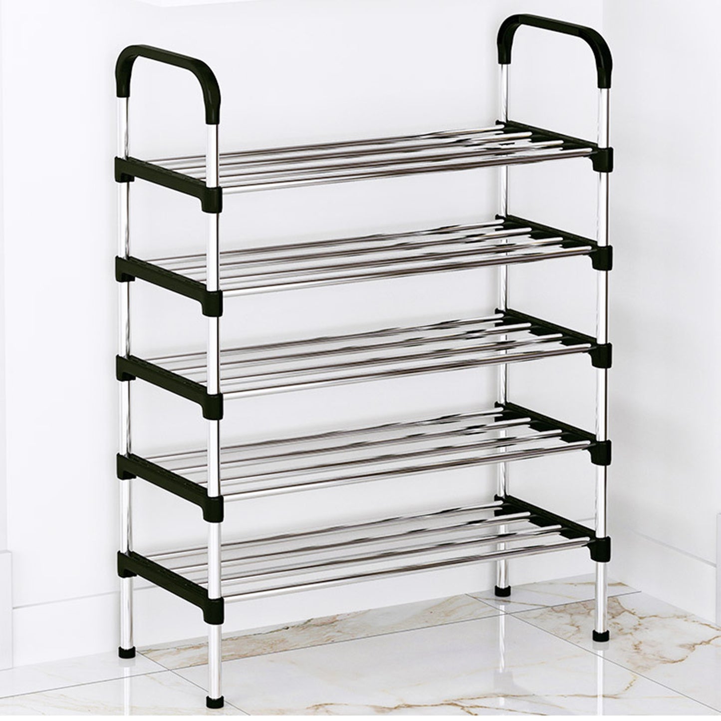4-Tier Shoe Rack Organizer, Metal Shoe Storage Stand for Entryway, Hallways, Bedrooms, Bathrooms, Offices, and Living Rooms, Silver and Black