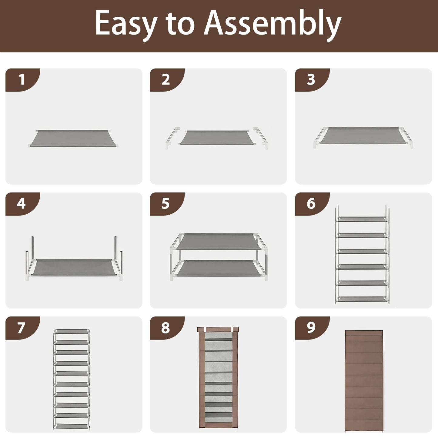 Portable Shoe Rack, 10-Tier 27 Paris Shoe Storage Cabinet with Cover, Non-Woven Fabric Shoe Storage Organizer, 9 Lattices Shoe Cabinet Tower Shelf Closet Coffee