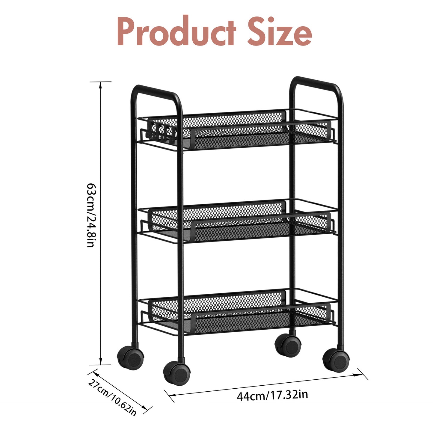 Mesh Rolling Cart with Lockable Wheels, 3 Tier Rustproof Metal Cart with Hooks, Kitchen Rolling Shelf, Mesh Storage Basket for Living Room, Bathroom, Kitchen, Office, Black
