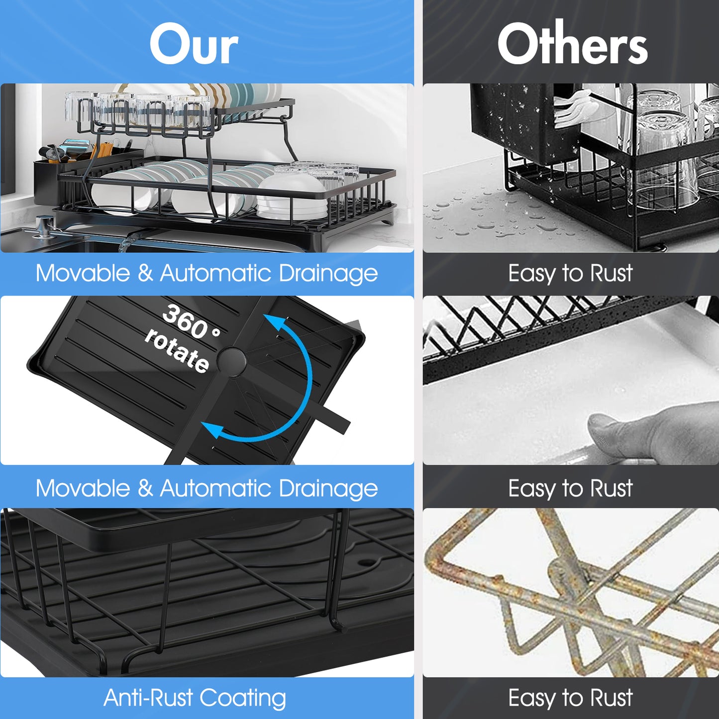 Dish Drying Rack for Kitchen Counter, Detachable Large Capacity Dish Drainer Organizer with Utensil Holder, 2-Tier Dish Drying Rack with Drain Board, Black