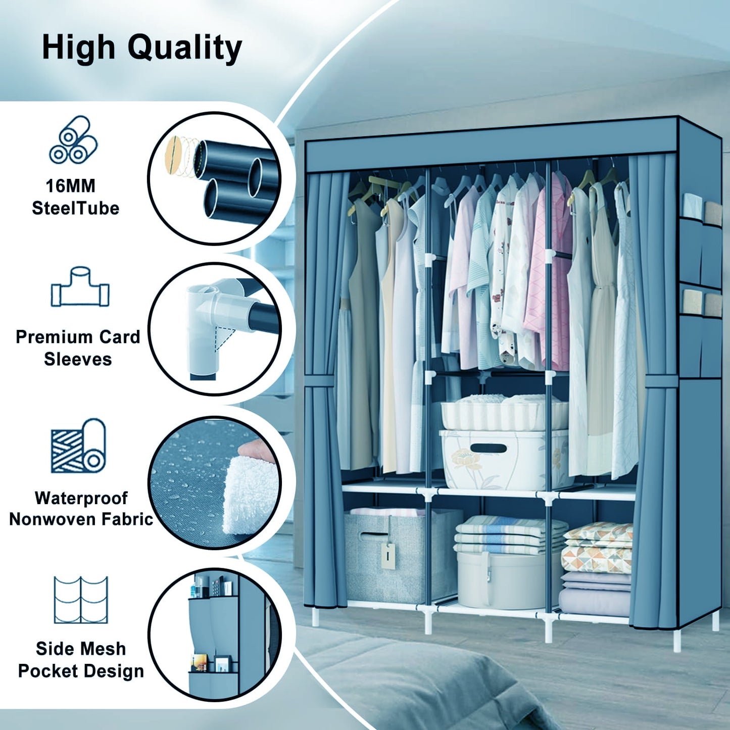 Portable Closet Organizers and Storage, Dustproof Non-Woven Fabric Wardrobe Closet Clothes Rack Shelf for Home, Sky Blue