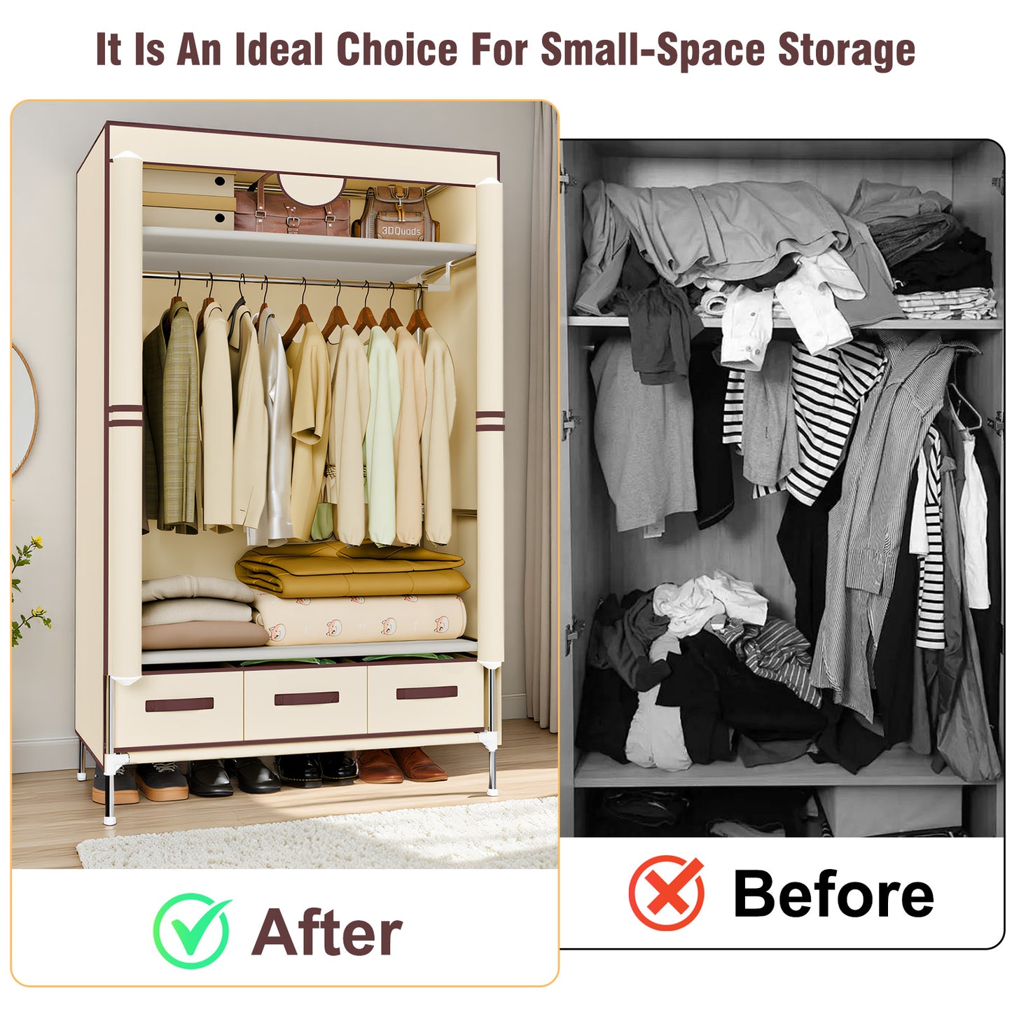 Durable Clothes Storage, Non-Woven Fabric Portable Closet Hanging Closet Organizers and Storage, Easy to Assemble, Includes 3 Storage Drawers, Ideal for Rentals, Dorms, Bedrooms, Beige