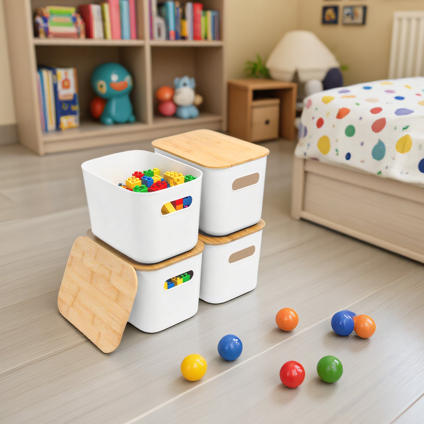 CATGOOD Storage Bins with Bamboo Lids 2 Pack, White Stackable Storage Bins with Lids for Kitchen, Cabinet, Bathroom, Plastic Storage Baskets, Premium Minimalist Boxes, 15"x10.24"x6.3"