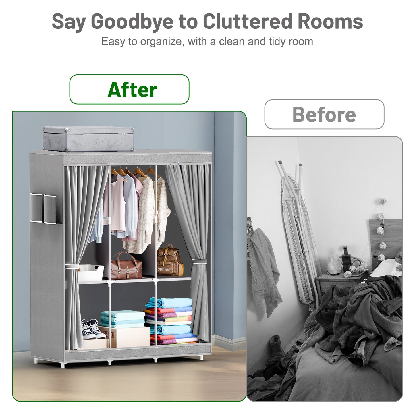 Portable Closet Organizer and Storage with 3 Hanging Rods for Hanging Clothes, 6 Wardrobe Closet Storage Shelves for Bedroom, Easy to Assemble, Grey