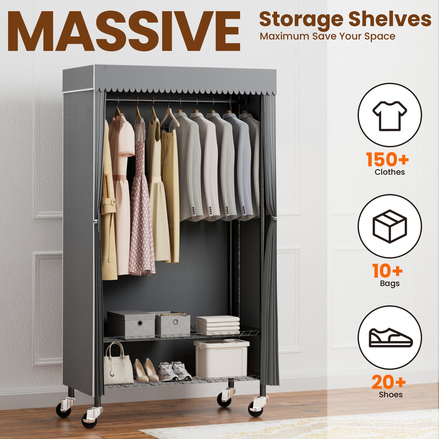 Heavy Duty Wardrobe Rack with Gray Dust Cover, Rolling Clothes Rack for Hanging Clothes, Freestanding Garment Rack with 2-Tier Storage Shelf Wheels Hanging Rod Cover, 35.4"x17"x72.4", Black