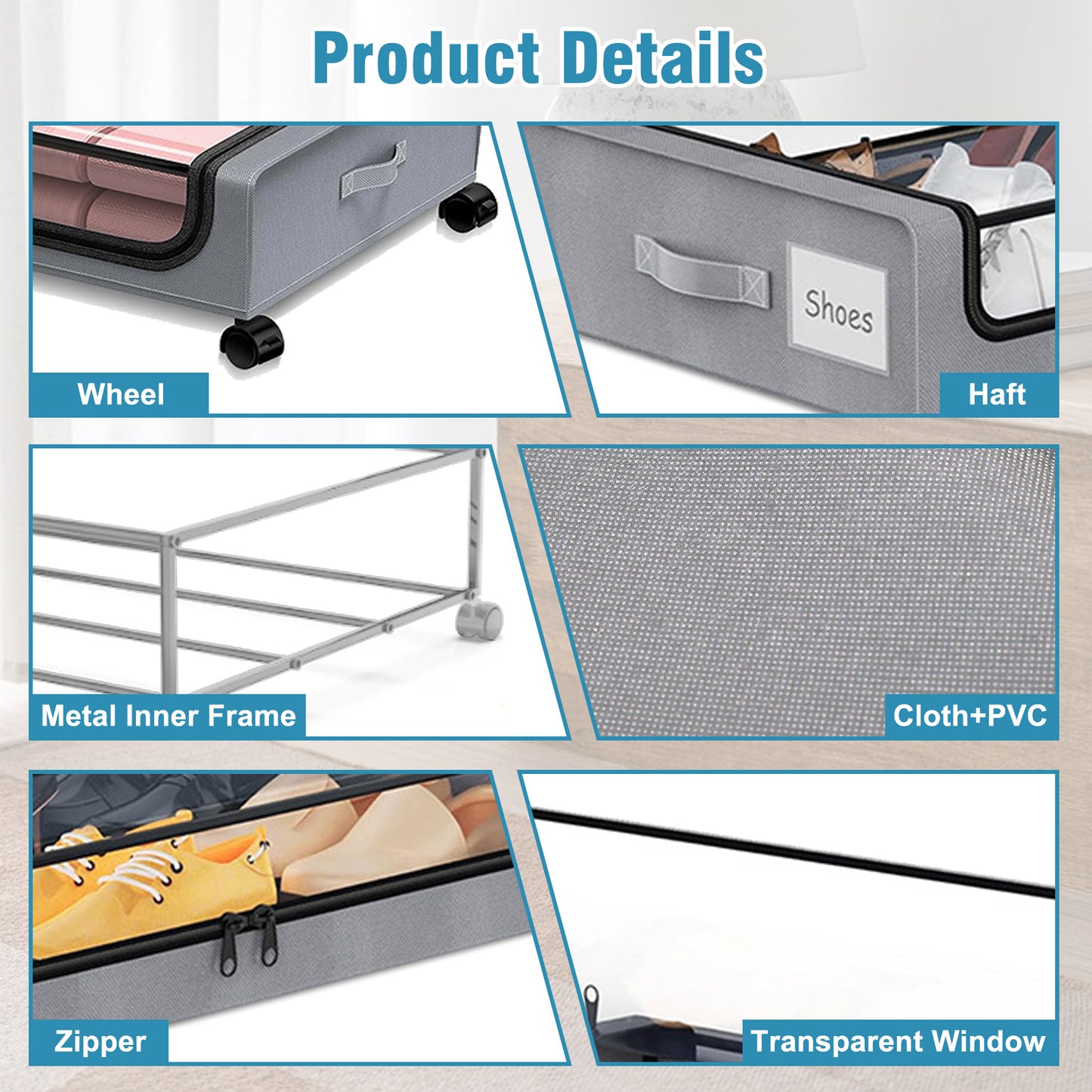 Under Bed Storage with Wheels, 2Pack Under Bed Storage Containers, Under Bed Shoe Storage Organizer, Rolling Under Bed Metal Drawer for Clothes, Blankets,Gary