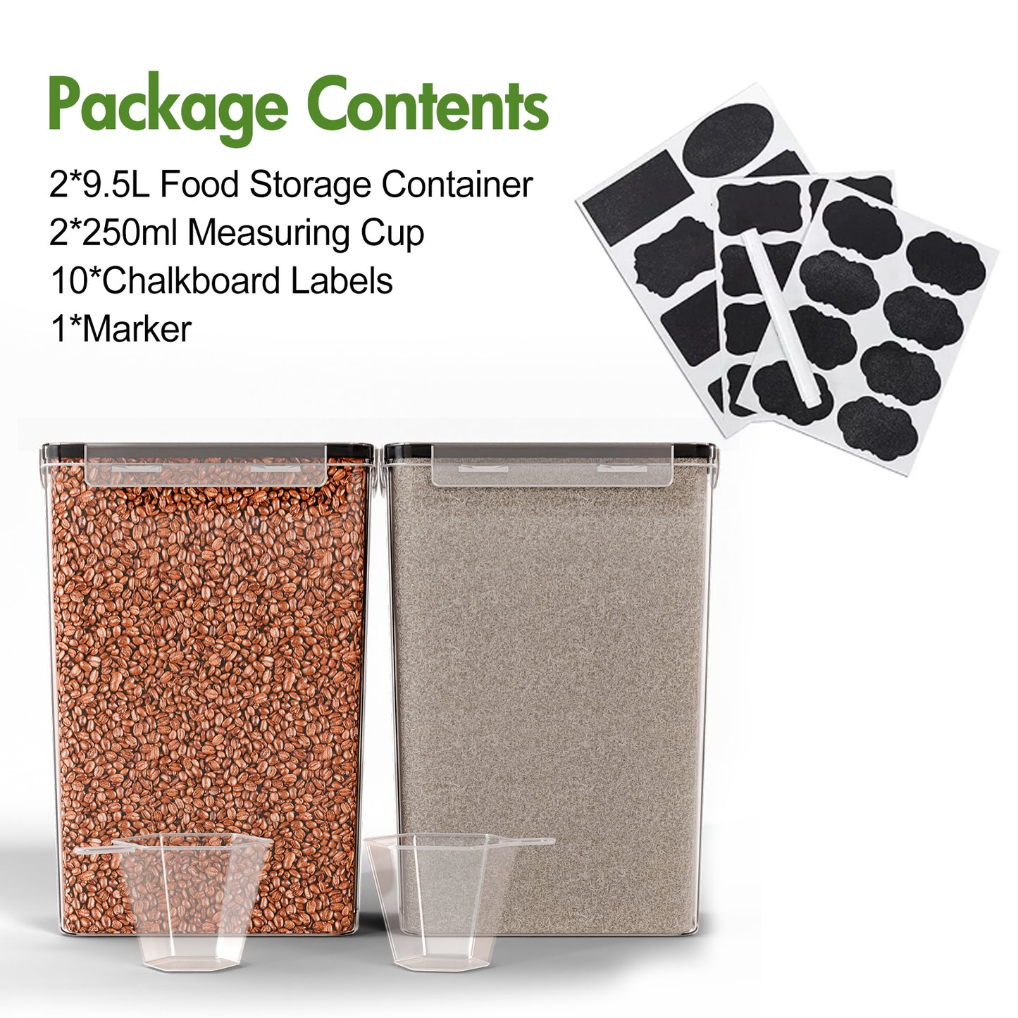 2-Pack 9.5L (321 oz) Clear Airtight Food Storage Canisters with Chalkboard Labels & Measuring Cups - Flour, Grain, Sugar, Rice, Pasta, Coffee Container with Lids