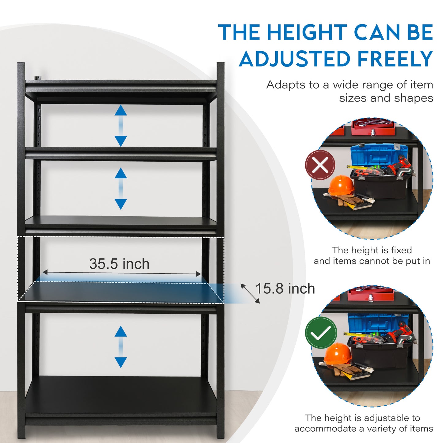 5 Tier 72"H Garage Shelving 2000LBS Heavy Duty Garage Storage Shelves Adjustable Metal Shelving Unit for Garage Storage Rack Industrial Utility Shelf 15.7" D X 35.4" W X 72" H, Black