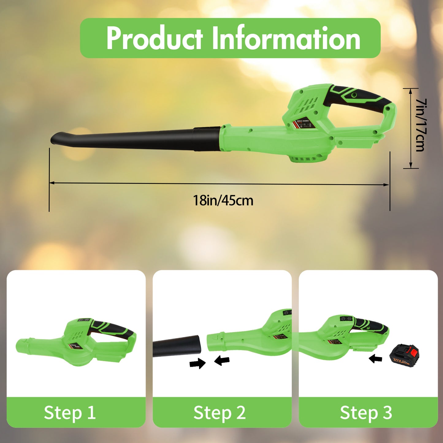 Cordless Leaf Blower, 21V Leaf Blower with 1 Battery, 6-Speed Leaf Blowers for Lawn Care, Patio, Blowing Leaves, Green