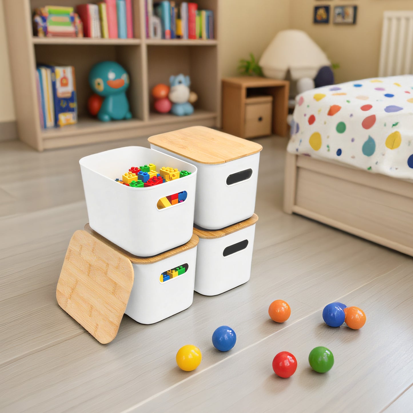 CATGOOD 2PCS Premium Minimalist Storage Boxes with Bamboo Lids, Plastic Storage Baskets, White Stackable Storage Bins with Lids for Kitchen, Cabinet, Bathroom, 10.24"x7.09"x6.3"