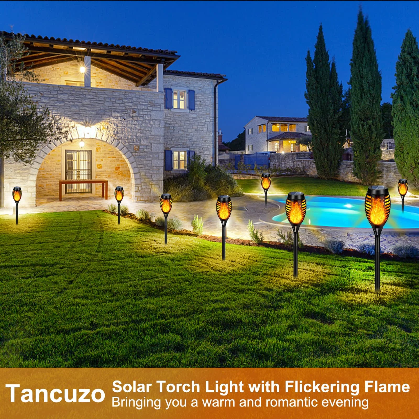 12-Pack Solar Tiki Torch Light with Flickering Flame for Halloween Decorations, Waterproof Outdoor Solar Light Decor for Garden Yard Pathway Patio