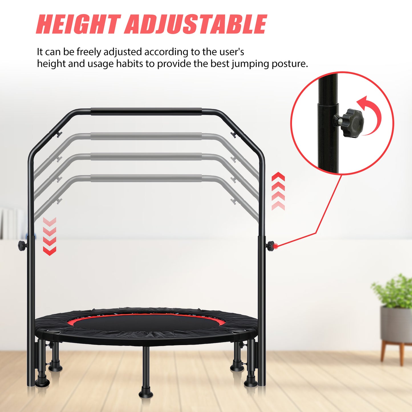 48" Exercise Mini Trampoline, Fitness Rebounder Trampoline for Adults with Adjustable Foam Bar, 330lb, Indoor Trampoline for Adults/Kids