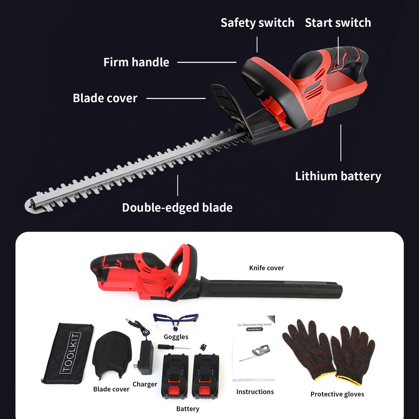 22 inch Cordless Hedge Trimmer, Electric Hedge Trimmer with 2×3.0Ah Batteries for Cutting Trimming Bushes and Shrubs