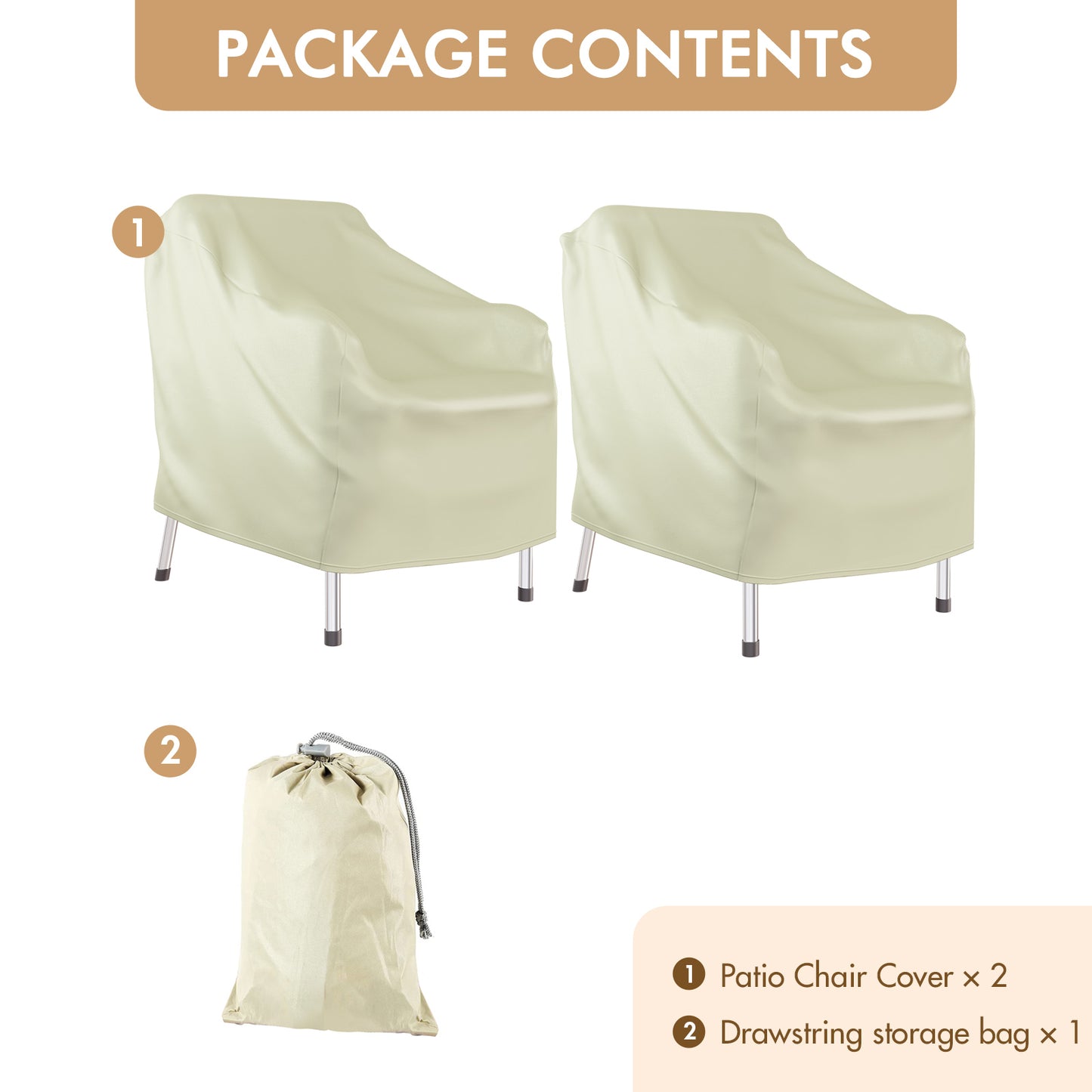 CATGOOD 2 Pack Heavy Duty Patio Chair Covers, Outdoor Chair Covers Waterproof for Lounge Chairs, Deep Seat Cover for Lawn Garden, Khaki