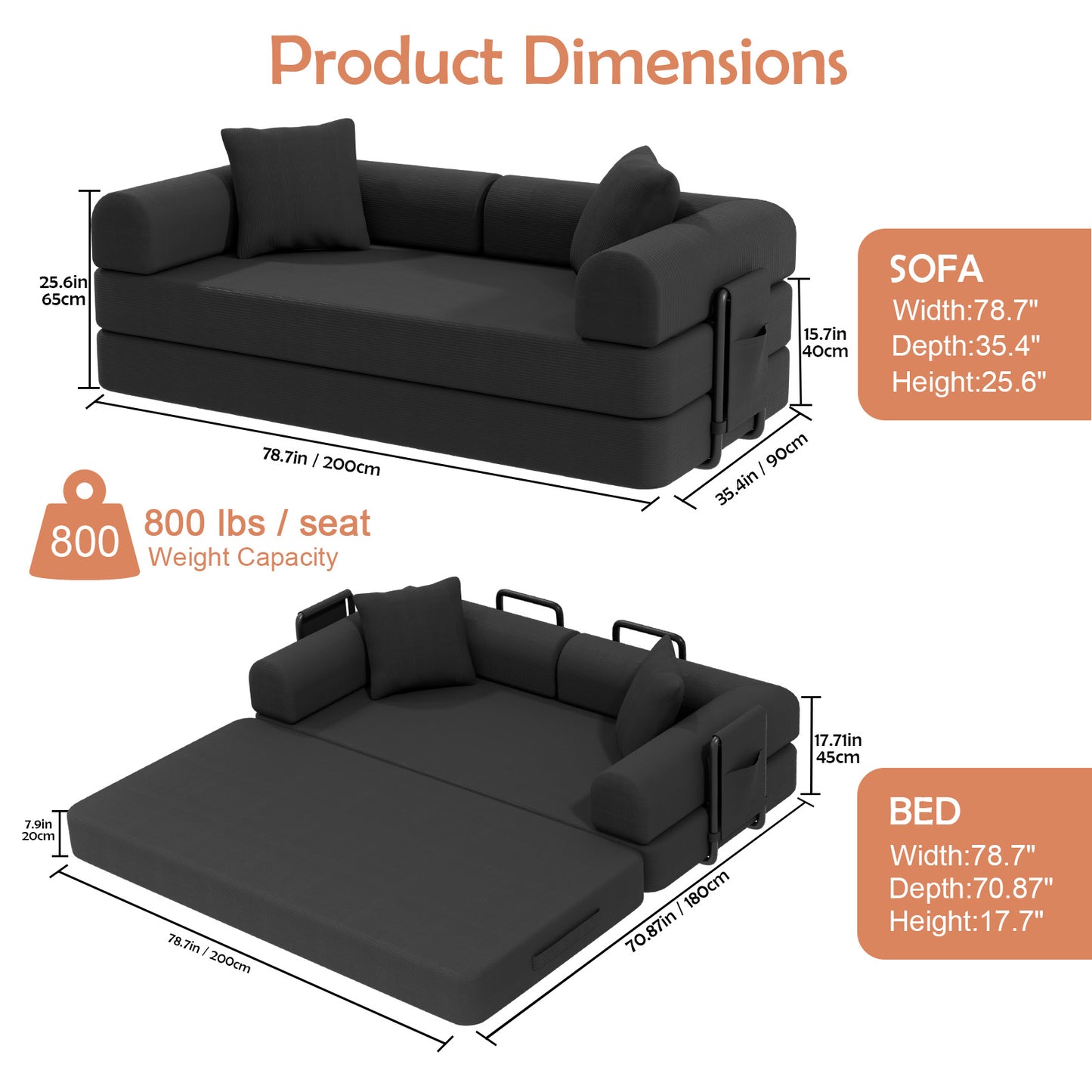 CATGOOD Sectional Couch for Living Room, Convertible Sofa Bed with Soft Corduroy, 78 Inch Modular Futon Couch Free Assembly, Black