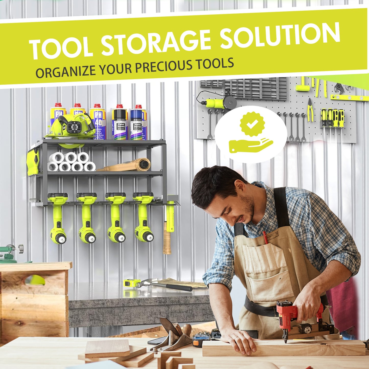 ALSO GO Power Tool Organizer, 3 Layers Storage Rack with 4 Drill Holders, Garage Storage Shelving Wall Mounted, Floating Tool Shelf Wall Mounted