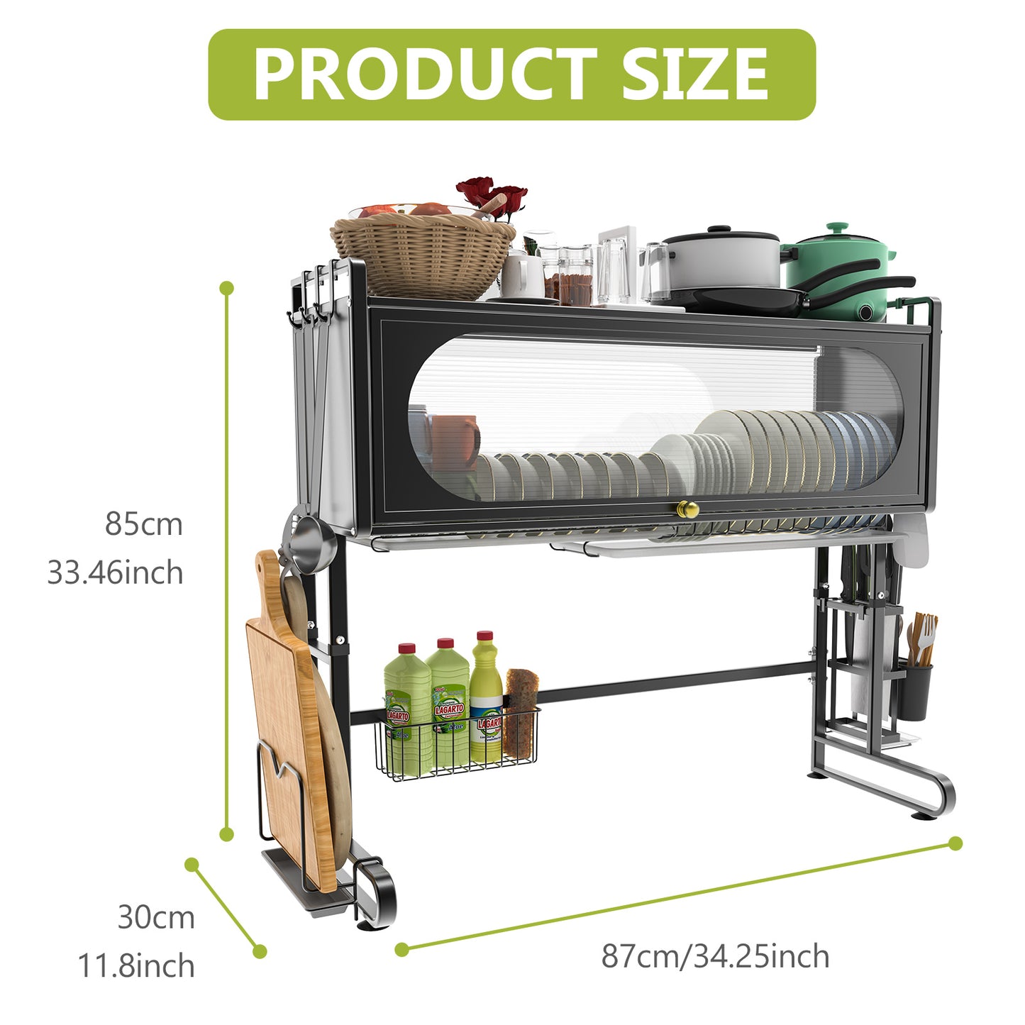 ALSO GO 3-tier Over The Sink Dish Drying Rack, Large Capacity Dish Rack with Cover, Expandable Length & Height, Adjustable Metal Dish Drainer for Kitchen Counter, Space-Saving, Black