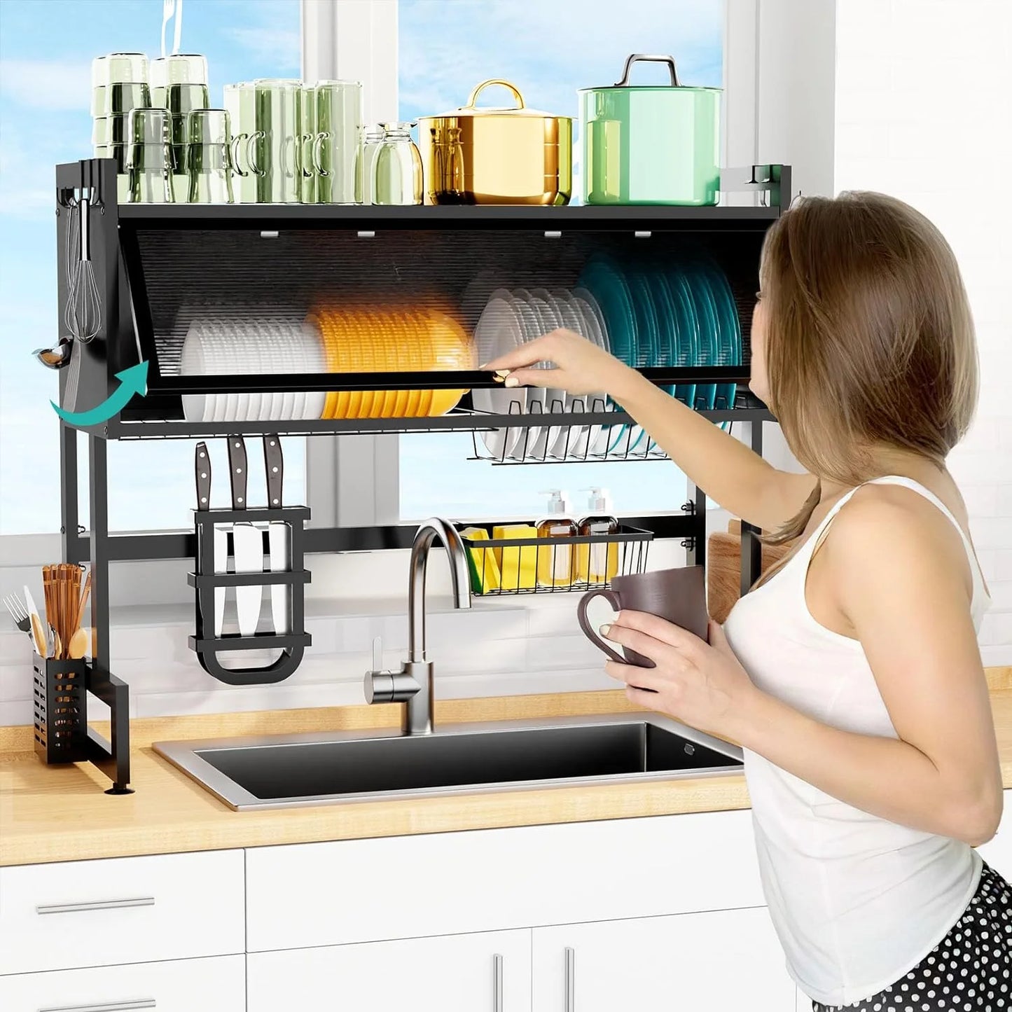 Over The Sink Dish Drying Rack, Adjustable 2 Tier Stainless Steel Large Dish Racks for Kitchen Storage Counter Organizer with Cabinet Doors with Utensil Holder, Black