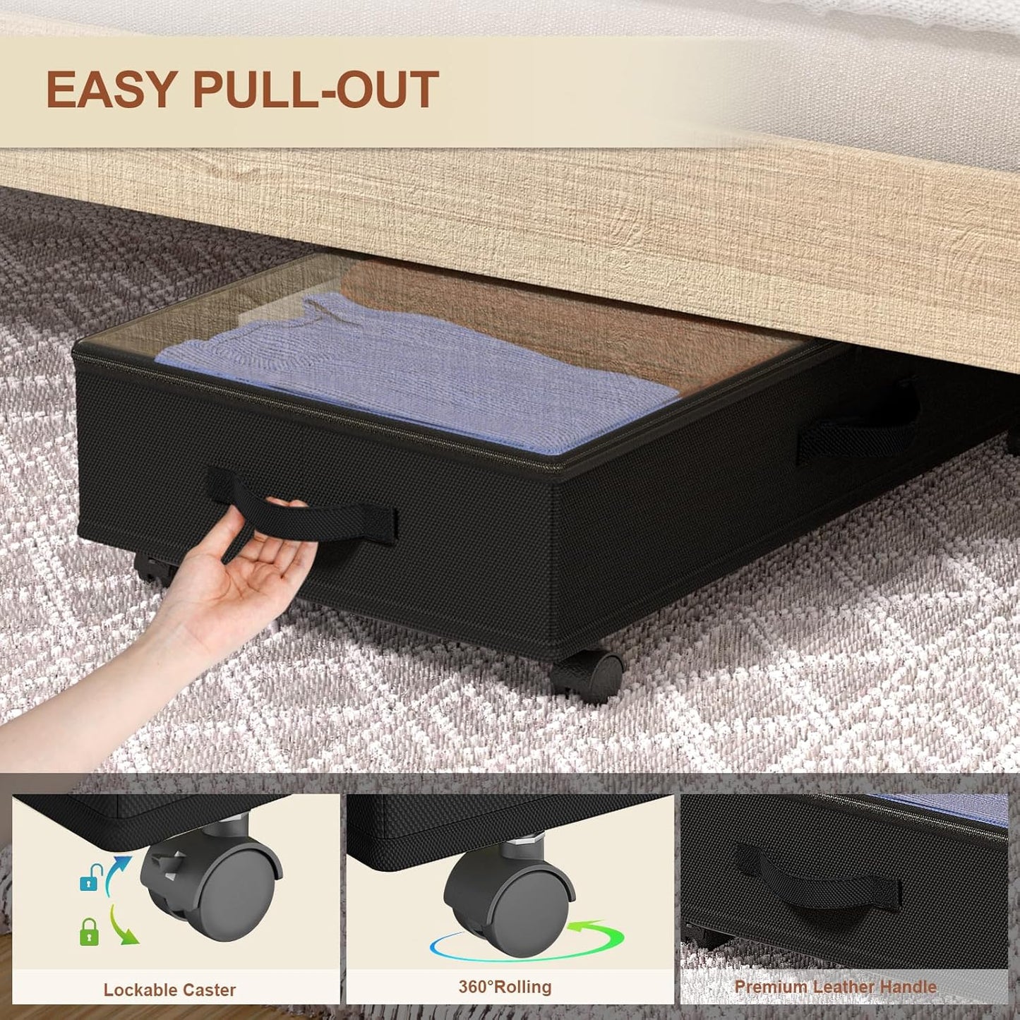 Under Bed Storage with Wheels, Under Bed Storage Containers, Under the Bed Storage Organizer with Clear Lids - Rolling Drawers & Bins for Clothes,Shoes,Toys, 2-Pack (Black)
