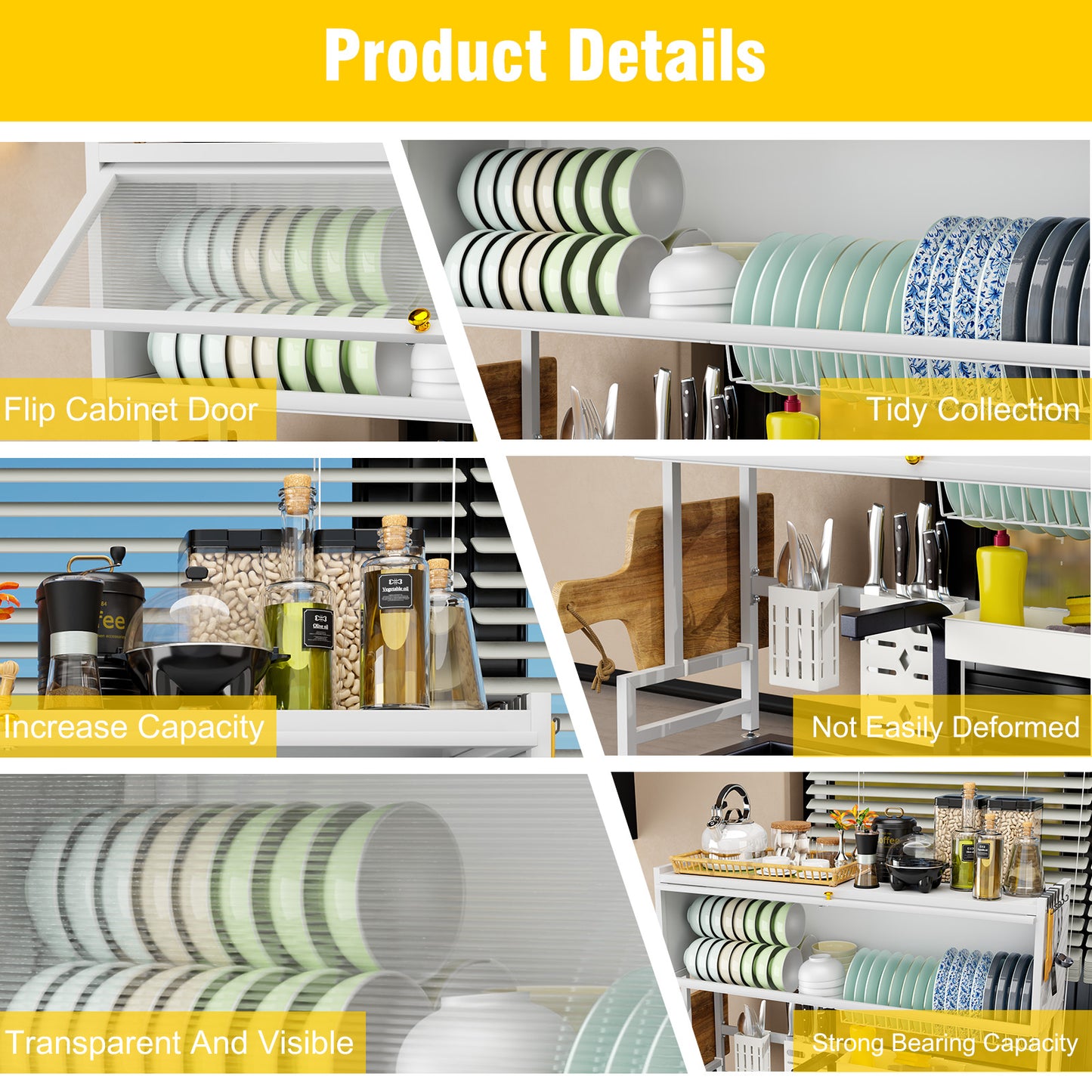 Over the Sink Dish Rack with Cabinet, Multifunctional Dish Drying Rack Above Sink with Visible Cupboard Door for Drying Dishes, Glasses, Bowls, and Utensils, White, Length-41.34"