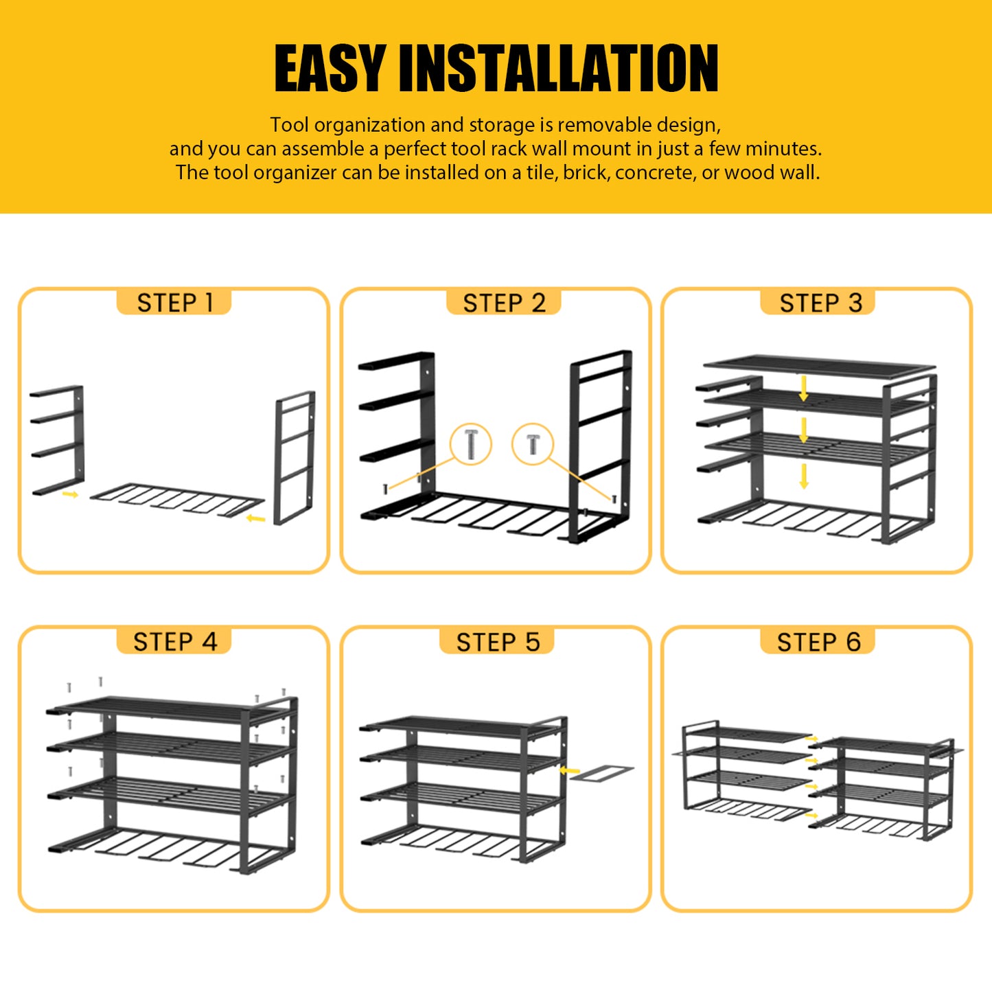 CATGOOD Power Tool Organizer, 8 Drill Holder Wall Mount, 4 Layer Heavy Duty Metal Tool Storage Rack, Battery Tools Holder Shelf,Utility Tool Shelves for Workshop or Garage, Black