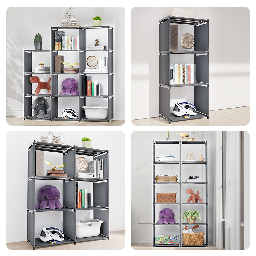 6-Tiers Portable Bookshelf with Fabric Cloth at Back, 10 Cube Closet Storage Organizer Bookcase, Living Room,Study Room,Bedroom, Grey