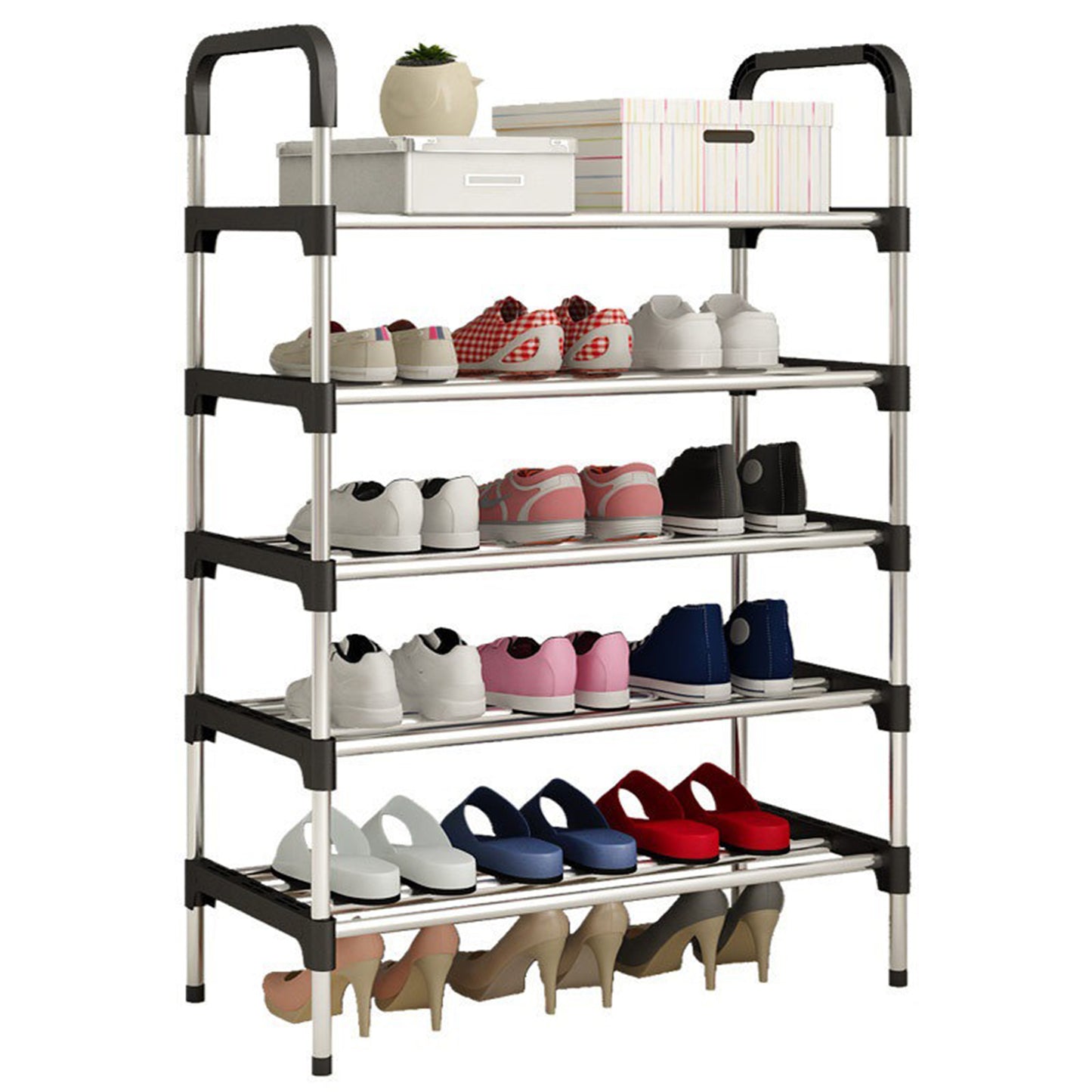 5-Tier Shoe Storage Organizer, Multifunctional Metal Shoe Rack for Entryway, Easy-to-Assemble, Silver and Black