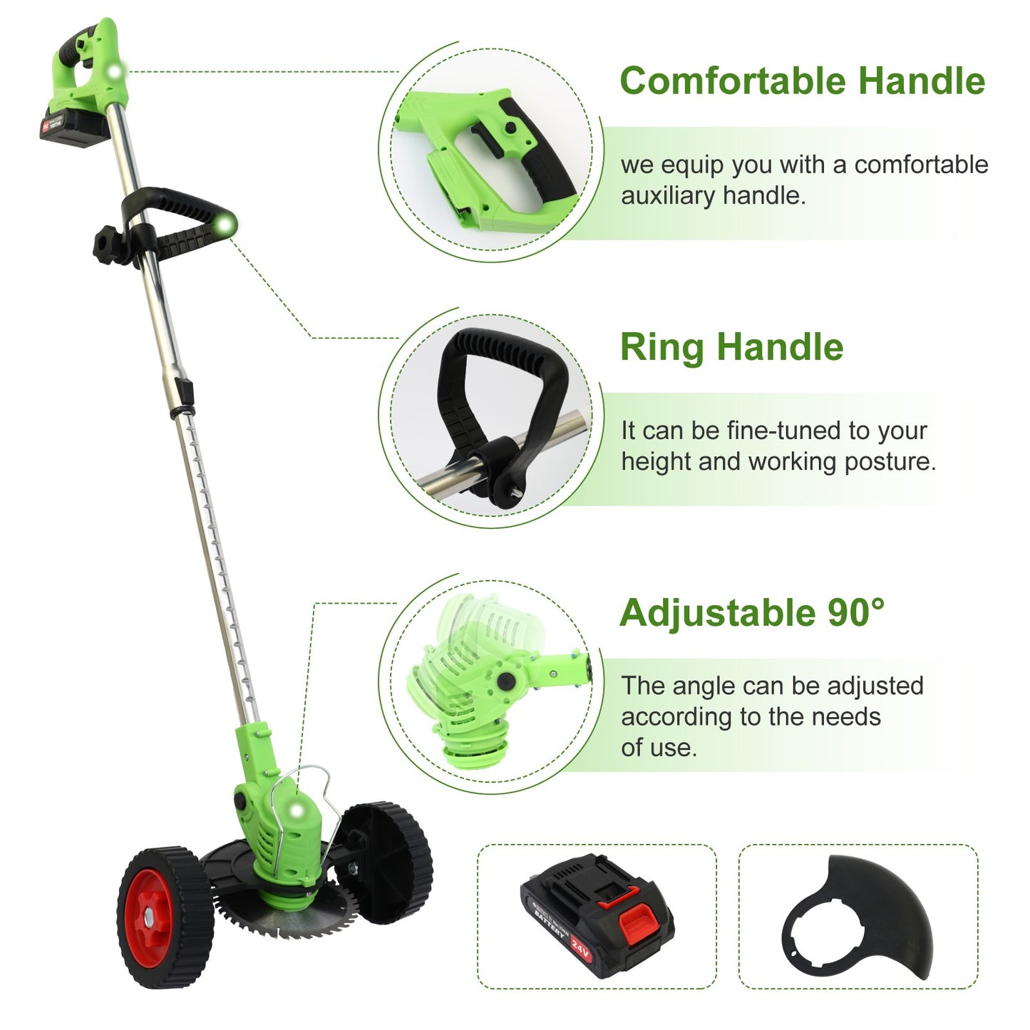 BAOKALER Electric Weed Eater, Cordless Grass String Trimmer with Wheels, Weed Trimmer, 2 Battery+Charger, Green