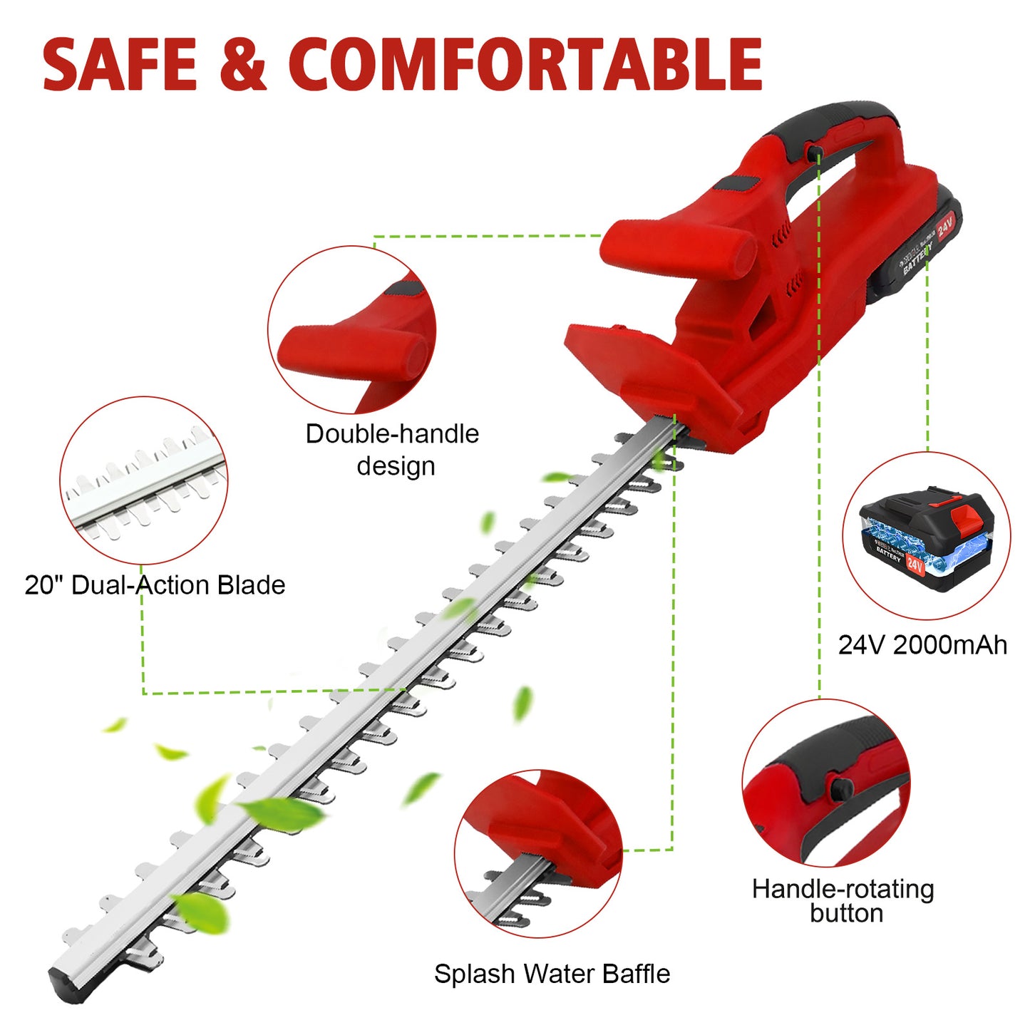 BAOKALER 20" Cordless Hedge Trimmer,24V Rechargeable Hedge Cutter with 20" Double Action Blade and 2PCS 2000MAH Batteries, Lightweight Grass Shrub Trimmer, Red